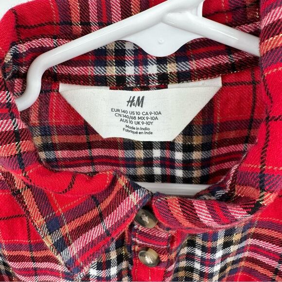H&M girl’s belted red checkered plaid button down shirt dress Size US 10 - Picture 3 of 8
